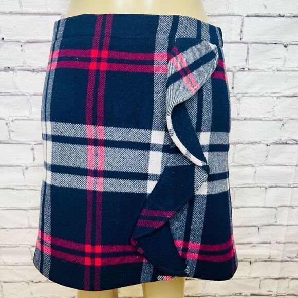 J. Crew Womens Multicolor Wool Blend Ruffle Detail Plaid Mini Skirt Size 8 - Picture 1 of 5